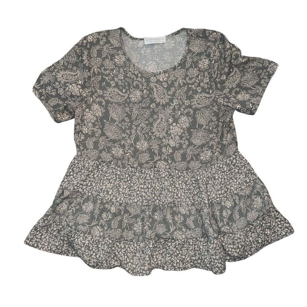 PAPER CRANE Tiered Floral Dusty Green Boho Blouse Size XS